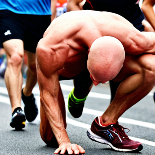 Home 4 **Image Prompt:** A runner grimacing in pain, clutching their calf muscle during a marathon. Focus on the runner's expression of discomfort and the visible muscle cramp. In the background, blurred figures of other runners and spectators. This image should evoke the feeling of sudden, intense muscle pain during physical activity, relevant to the section discussing distinguishing between cramps and fatigue.
