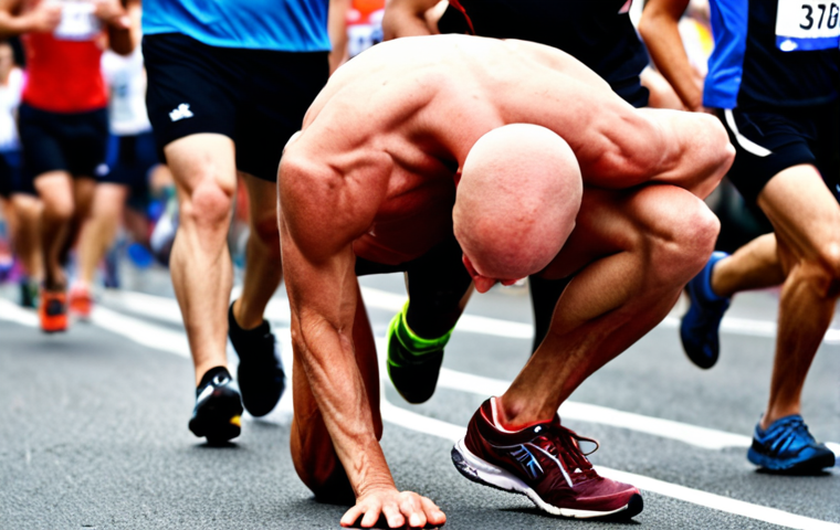 **Image Prompt:** A runner grimacing in pain, clutching their calf muscle during a marathon. Focus on the runner's expression of discomfort and the visible muscle cramp. In the background, blurred figures of other runners and spectators. This image should evoke the feeling of sudden, intense muscle pain during physical activity, relevant to the section discussing distinguishing between cramps and fatigue.
