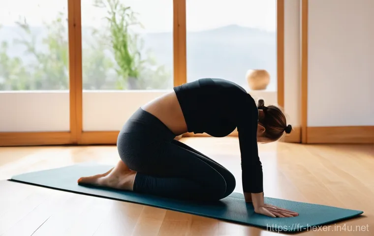 유연성을 위한 요가 자세 추천 - **Prompt:** A serene woman in her late 30s performing a gentle Child's Pose (Balasana) on a yoga mat...