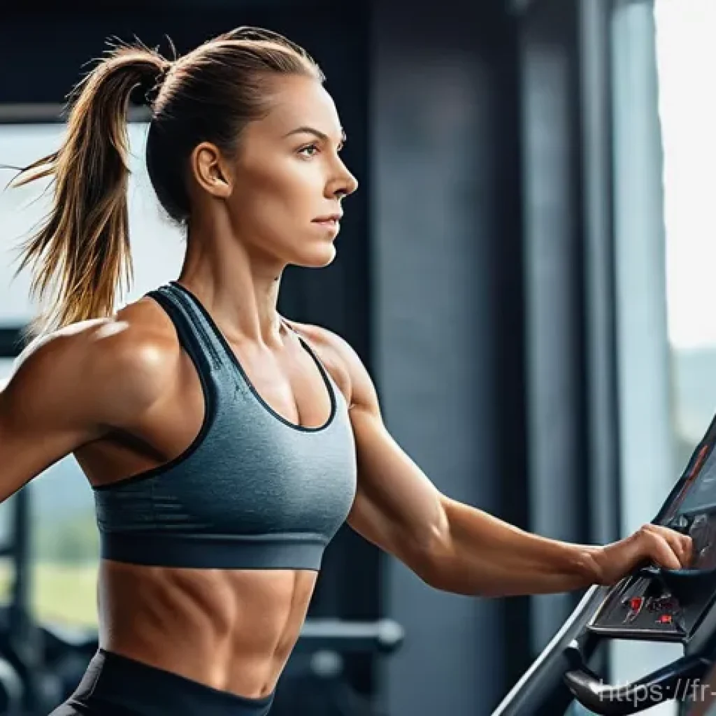심폐 지구력 강화를 위한 트레드밀 프로그램 - **HIIT (High-Intensity Interval Training) Session:**
"A determined athletic woman in her late 20...
