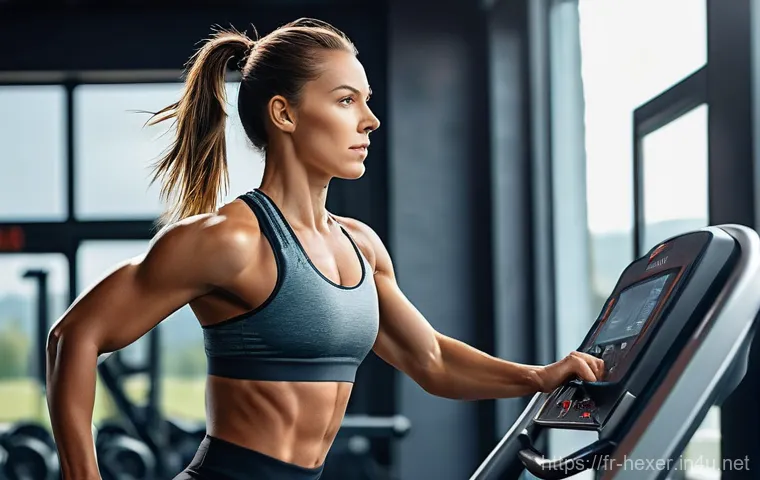 심폐 지구력 강화를 위한 트레드밀 프로그램 - **HIIT (High-Intensity Interval Training) Session:**
    "A determined athletic woman in her late 20...