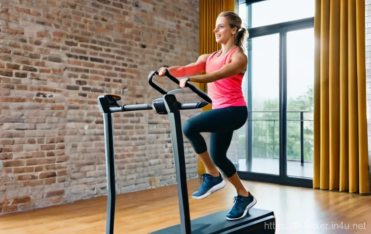 홈트용 전자 스텝퍼 추천 - **Prompt:** A fit woman in her early 30s, dressed in a supportive sports bra and high-waisted leggin...