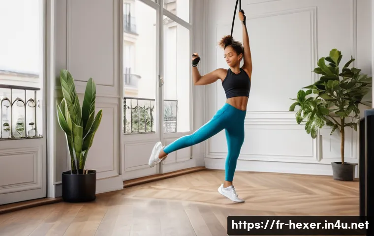 집에서 쉽게 하는 유산소 운동 추천 - A young woman in sporty casual wear doing jump rope exercise indoors in a cozy, sunlit Parisian apar...