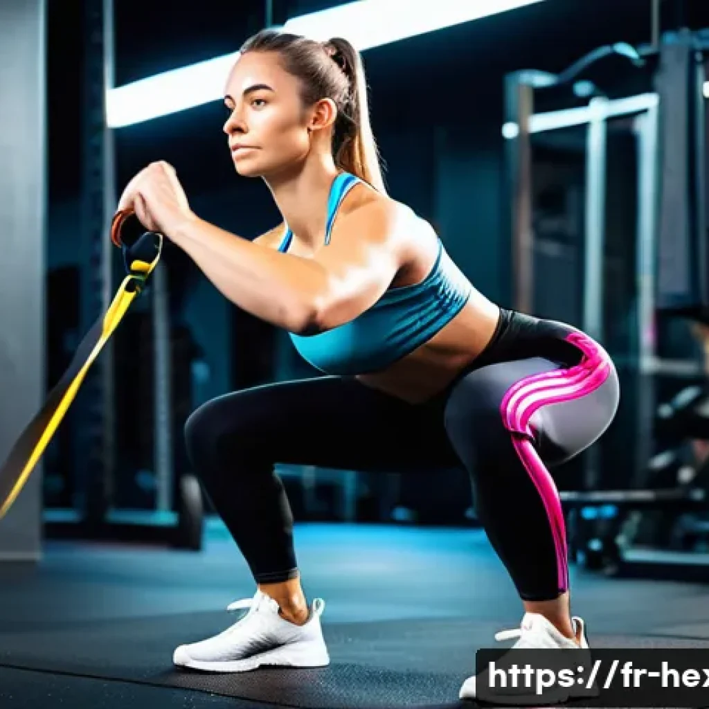 밴드 스쿼트와 일반 스쿼트 차이 - A fit young adult woman performing a squat exercise in a modern gym setting, wearing athletic wear i...