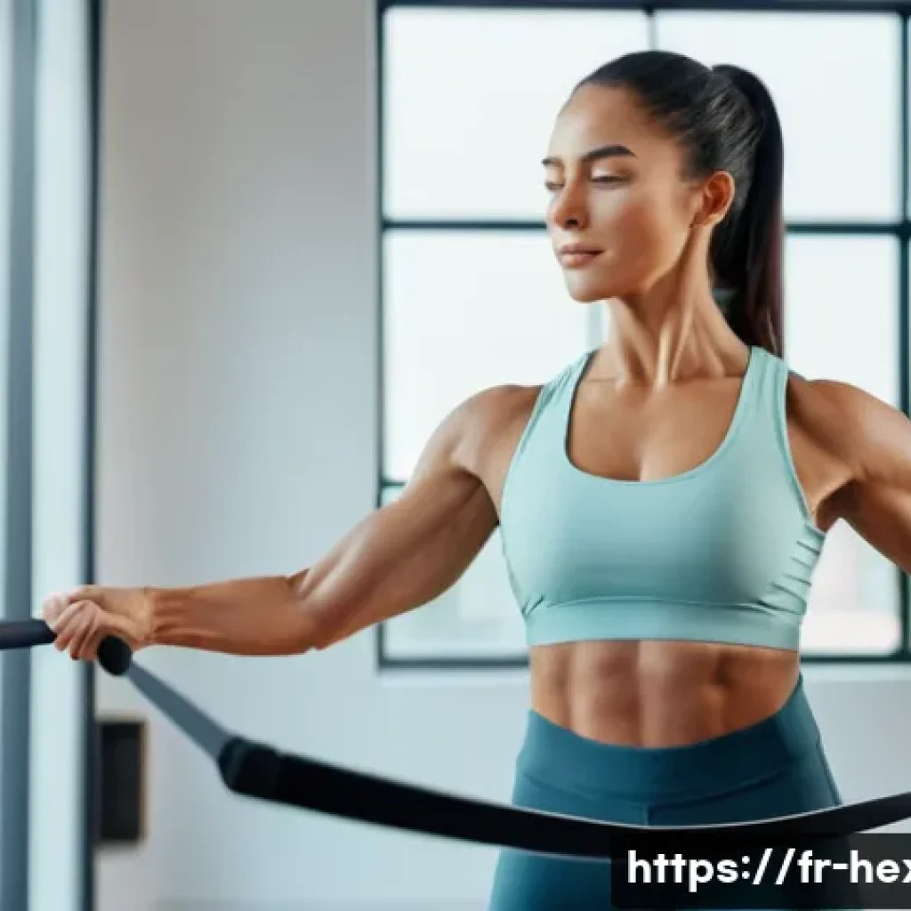 복부 코어 강화를 위한 저항 밴드 운동 - A fit adult woman performing a standing lateral pull exercise with a resistance band anchored under ...