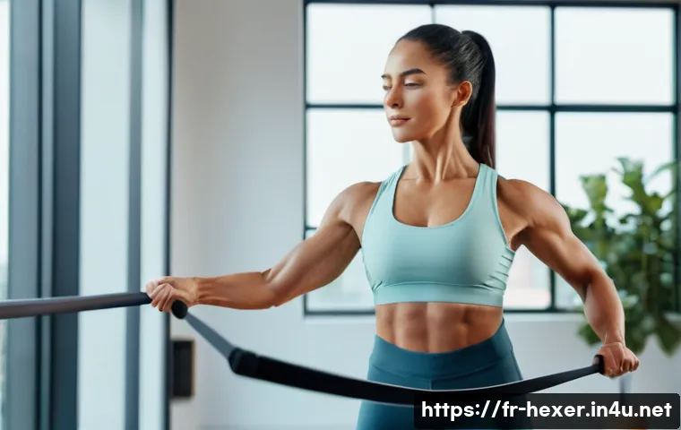 복부 코어 강화를 위한 저항 밴드 운동 - A fit adult woman performing a standing lateral pull exercise with a resistance band anchored under ...