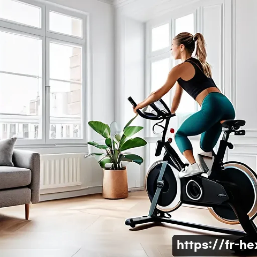 스피닝 바이크와 로잉머신 비교 - A dynamic indoor spinning class scene in a modern French apartment, featuring a fit adult woman wear...