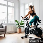 스피닝 바이크와 로잉머신 비교 - A dynamic indoor spinning class scene in a modern French apartment, featuring a fit adult woman wear...