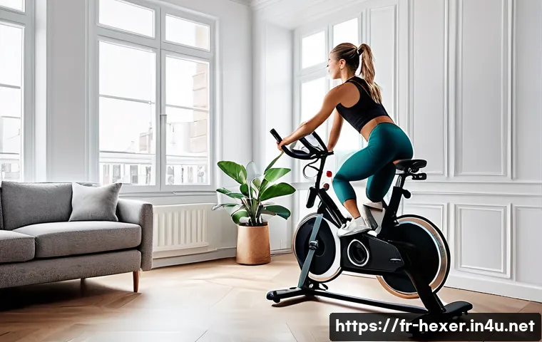 스피닝 바이크와 로잉머신 비교 - A dynamic indoor spinning class scene in a modern French apartment, featuring a fit adult woman wear...