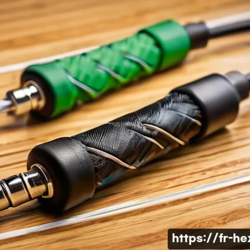 스피드 로프와 일반 줄넘기의 차이 - A detailed close-up of two jump ropes side by side on a wooden gym floor: one is a traditional heavy...
