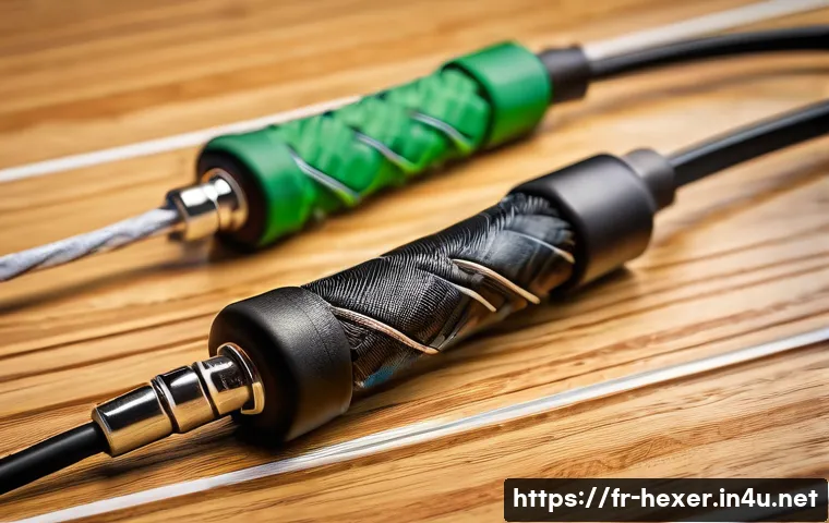 스피드 로프와 일반 줄넘기의 차이 - A detailed close-up of two jump ropes side by side on a wooden gym floor: one is a traditional heavy...