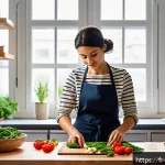 헬스장 없이 체지방 감소 방법 - A peaceful modern kitchen scene featuring a young French woman thoughtfully preparing a colorful, he...
