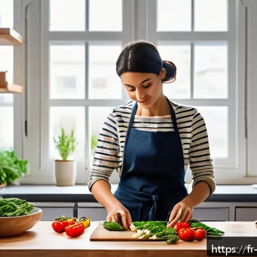 헬스장 없이 체지방 감소 방법 - A peaceful modern kitchen scene featuring a young French woman thoughtfully preparing a colorful, he...