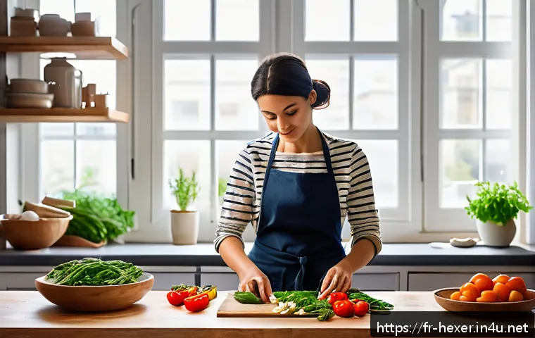 헬스장 없이 체지방 감소 방법 - A peaceful modern kitchen scene featuring a young French woman thoughtfully preparing a colorful, he...
