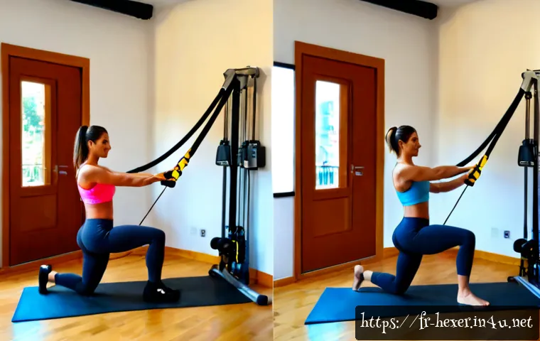 저항 밴드와 케이블 머신 운동 비교 - Photorealistic split-scene fitness comparison in a bright modern French apartment workout corner: on...